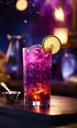 Purple cocktail with ice on a wooden table. Selective focus. ai generativeの素材