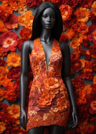 Fashionable evening orange summer dress on a mannequin. ai generative. ai generative.の素材