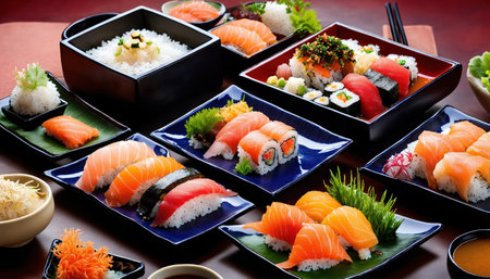 Sushi rolls with wasabi and soy sauce on a plate. ai generative.の素材