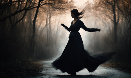 Blurry motion silhouette of a girl with long hair. ai generative.の素材