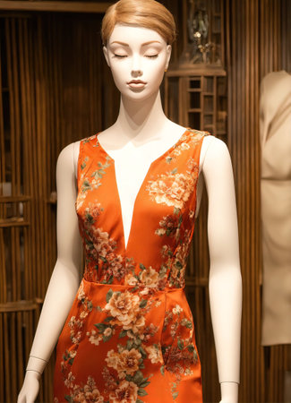 Fashionable evening orange summer dress on a mannequin. ai generative. ai generative.の素材