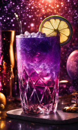 Purple cocktail with ice on a wooden table. Selective focus. ai generativeの素材