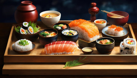 Sushi rolls with wasabi and soy sauce on a plate. ai generative.の素材