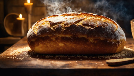 Freshly baked bread with sesame seeds on a wooden board. ai generative.の素材