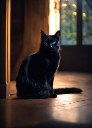 Portrait of a black cat with yellow eyes on a dark background. ai generative.の素材