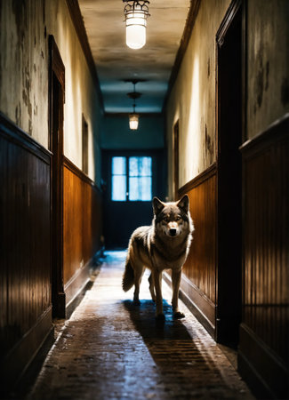 Portrait of a wolf in a dark corridor at night. ai generative.の素材