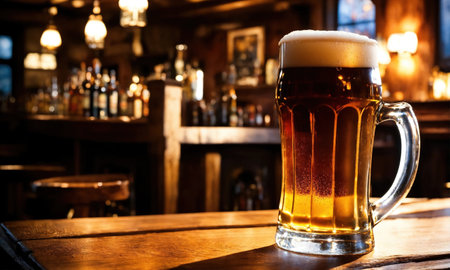 Mug of beer on a wooden table in a pub or bar. ai generative.の素材