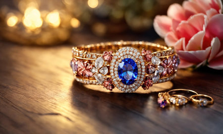 jewelry diamond ring on wooden table with bokeh background. ai generative.の素材