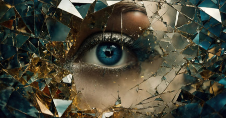 Close up shot of a beautiful woman's eye through broken glass. ai generative.の素材