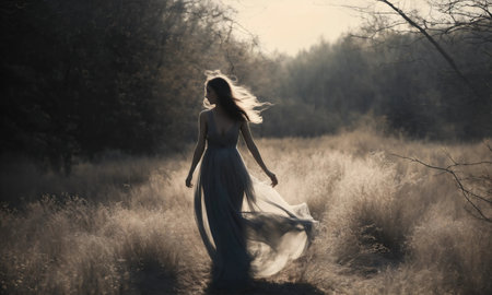 Blurry motion silhouette of a girl with long hair. ai generative.の素材