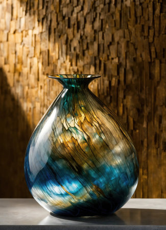 Colorful Decorative glass vase with green and blue pattern on the table. Close up. ai generative.の素材