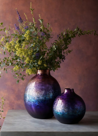Colorful Decorative glass vase with green and blue pattern on the table. Close up. ai generative.の素材