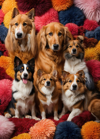Group of dogs in a colorful wig. Selective focus. Toned. ai generative.の素材