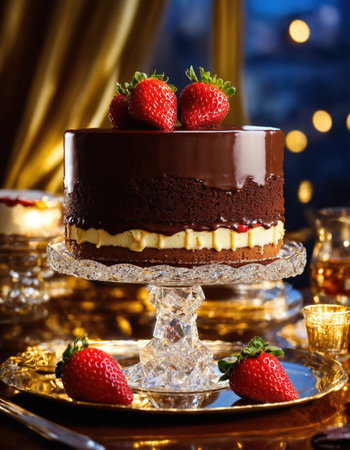 Chocolate cake with whipped cream and fresh fruits on a dark background. ai generative.の素材