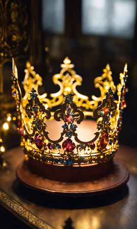 low key image of beautiful queen/king crown. vintage filtered. fantasy medieval period. selective focus. ai generative.の素材