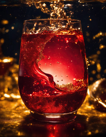 a glass of whiskey with ice and splashes. Golden sparkles background. ai generative.の素材