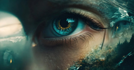 Close up shot of a beautiful woman's eye through broken glass. ai generative.の素材