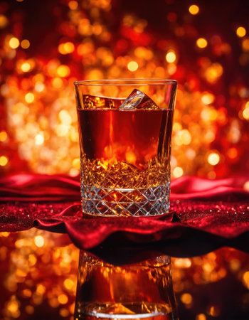a glass of whiskey with ice and splashes. Golden sparkles background. ai generative.の素材