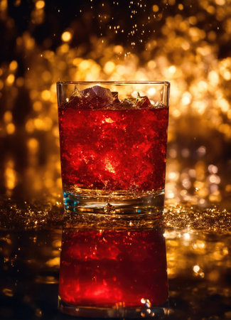 a glass of whiskey with ice and splashes. Golden sparkles background. ai generative.の素材