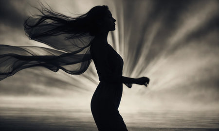 Blurry motion silhouette of a girl with long hair. ai generative.の素材