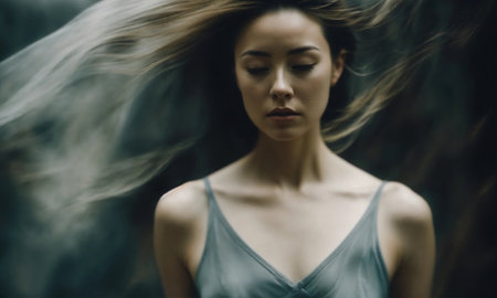 Blurry motion silhouette of a girl with long hair. ai generative.の素材