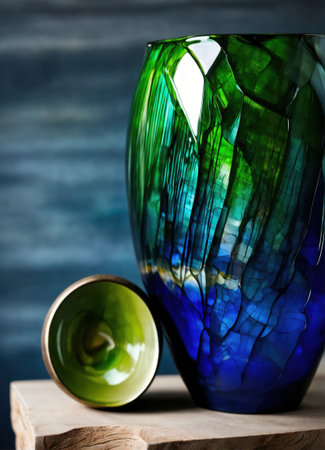 Colorful Decorative glass vase with green and blue pattern on the table. Close up. ai generative.の素材