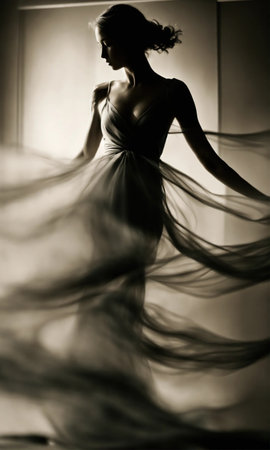 Blurry motion silhouette of a girl with long hair. ai generative.の素材
