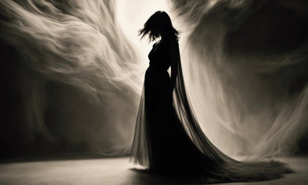 Blurry motion silhouette of a girl with long hair. ai generative.の素材