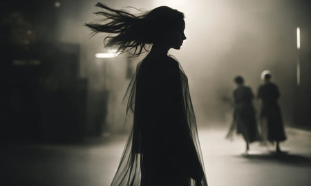Blurry motion silhouette of a girl with long hair. ai generative.の素材