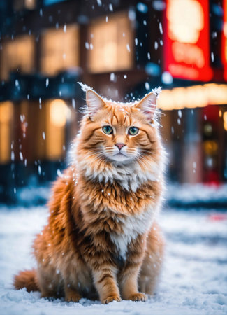 Ginger cat sitting on snow and looking at camera. Winter background. ai generative.の素材