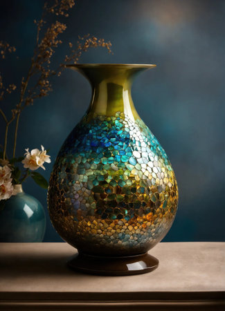Colorful Decorative glass vase with green and blue pattern on the table. Close up. ai generative.の素材