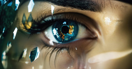 Close up shot of a beautiful woman's eye through broken glass. ai generative.の素材