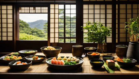 Sushi rolls with wasabi and soy sauce on a plate. ai generative.の素材