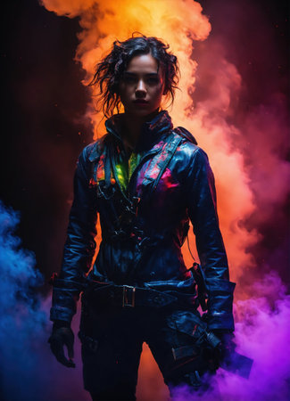 Beautiful young woman with colorfull hair in colorful smoke. ai generative.の素材