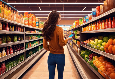 The beautiful woman is looking at the shelves to buy something from the supermarket. ai generative.の素材