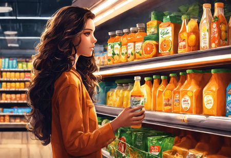 The beautiful woman is looking at the shelves to buy something from the supermarket. ai generative.の素材