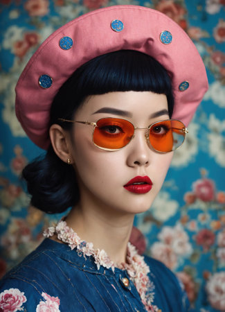 Fashion portrait of young beautiful asian woman with short hairstyle and sunglasses in a stylish dress. ai generative.の素材