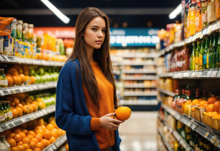 The beautiful woman is looking at the shelves to buy something from the supermarket. ai generative.の素材