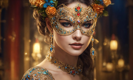 Beautiful young woman in a Venetian mask at the masquerade. ai generative.の素材