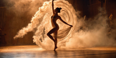 Beautiful young woman in a long dress dancing. ai generative.の素材