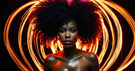 Beautiful african american woman with afro hairstyle and outlined in light. ai generative.の素材