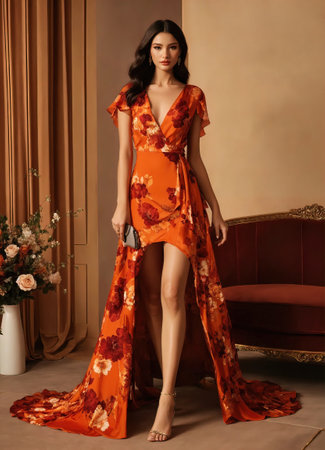 Fashionable evening orange summer dress on a mannequin. ai generative. ai generative.の素材
