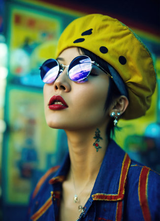 Fashion portrait of young beautiful asian woman with short hairstyle and sunglasses in a stylish dress. ai generative.の素材