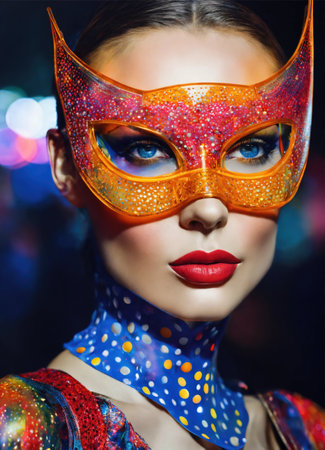 Portrait of a beautiful young woman with bright make up and Venetian mask. ai generative.の素材