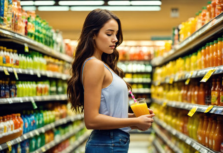 The beautiful woman is looking at the shelves to buy something from the supermarket. ai generative.の素材