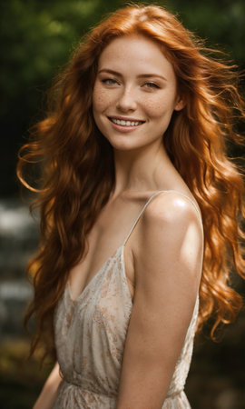 Portrait of a beautiful redhead girl with freckles on her face. ai generative.の素材