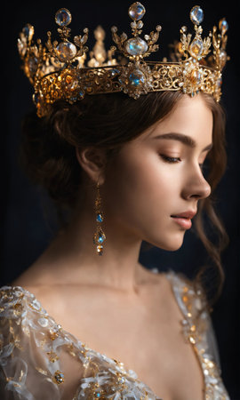 Portrait of beautiful young woman in crown. Luxury makeup and hairstyle. ai generative.の素材
