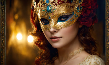 Beautiful young woman in a Venetian mask at the masquerade. ai generative.の素材