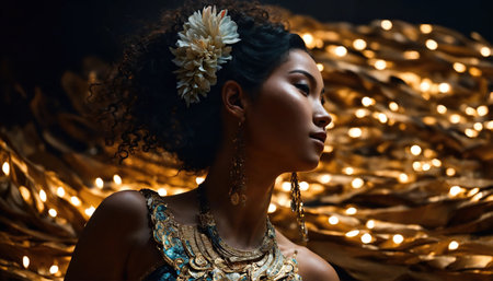 Beautiful young woman in a wreath of flowers dancing flamenco. ai generative.の素材
