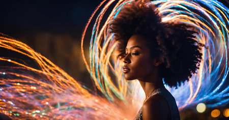 Beautiful african american woman with afro hairstyle and outlined in light. ai generative.の素材